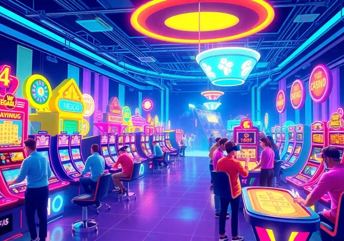 Experience thrilling gaming at megac4 with vibrant slot machines and engaging players in a lively casino atmosphere.