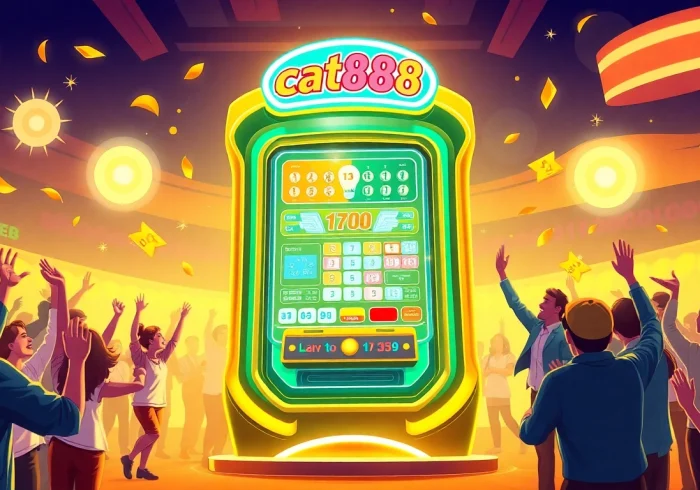 Experience the thrill of winning with the cat888 lottery machine surrounded by excited players.