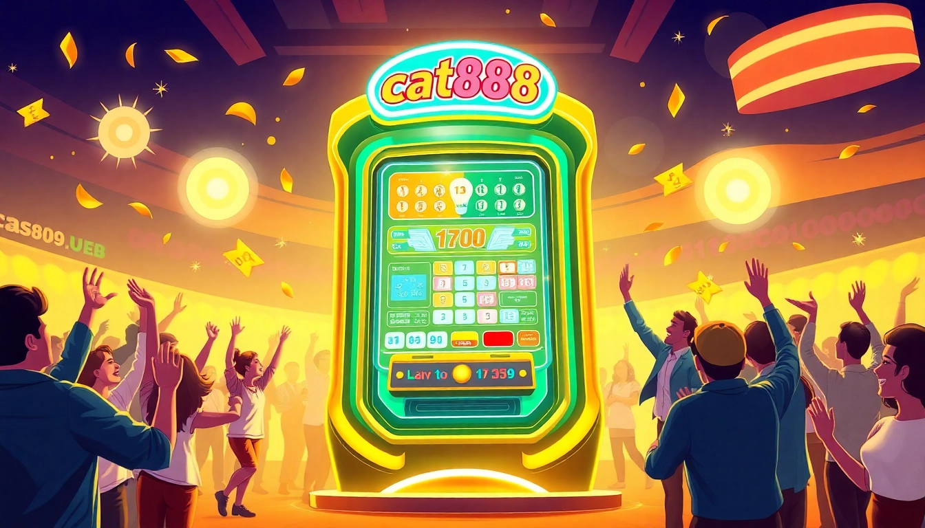 Experience the thrill of winning with the cat888 lottery machine surrounded by excited players.