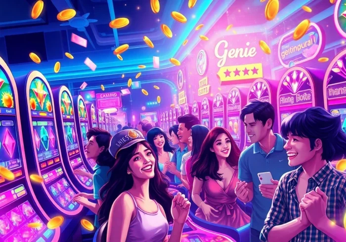 Experience the thrill of online gaming with genie168's exciting slot machines, portrayed in a vibrant casino illustration celebrating success.