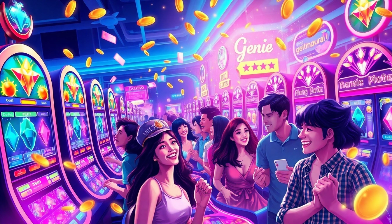 Experience the thrill of online gaming with genie168's exciting slot machines, portrayed in a vibrant casino illustration celebrating success.