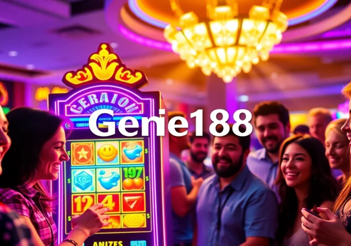 Experience the vibrant excitement of Genie168's online gaming world featuring a colorful slot machine.