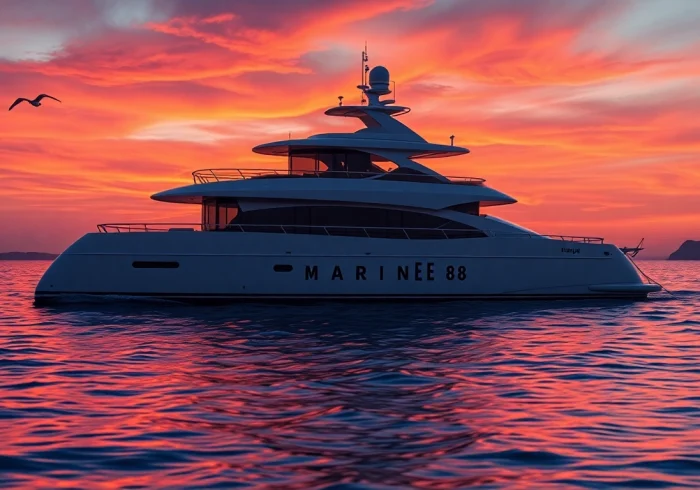 Experience the luxurious Marine88 yacht anchored at a stunning sunset, evoking adventure and tranquility.