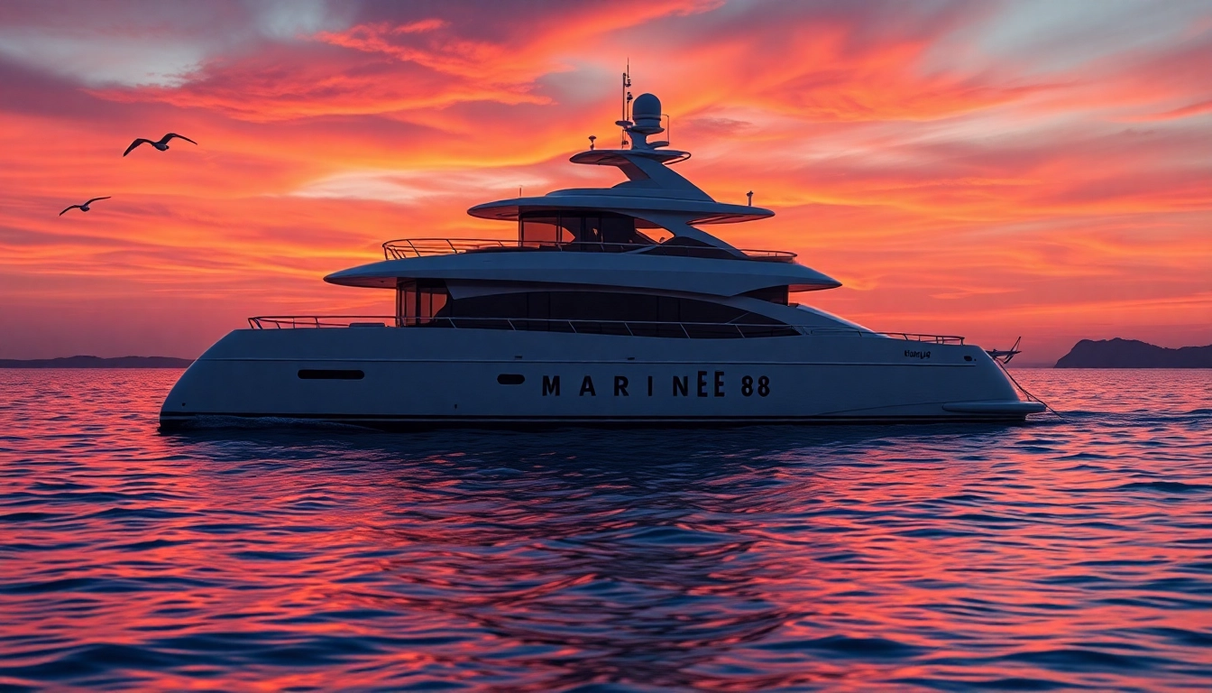 Experience the luxurious Marine88 yacht anchored at a stunning sunset, evoking adventure and tranquility.