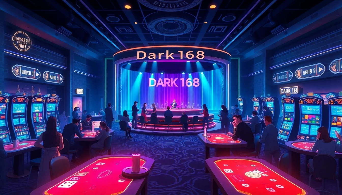 Experience the excitement of "dark168" with colorful casino scenes and lively activities.