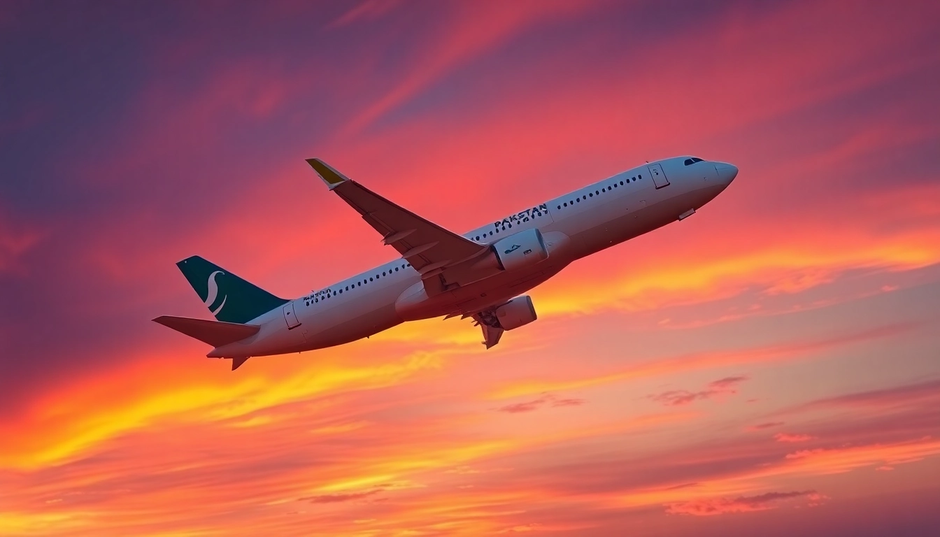 Experience the journey of flight PK789 with the gleaming aircraft taking off into a vibrant sunset.