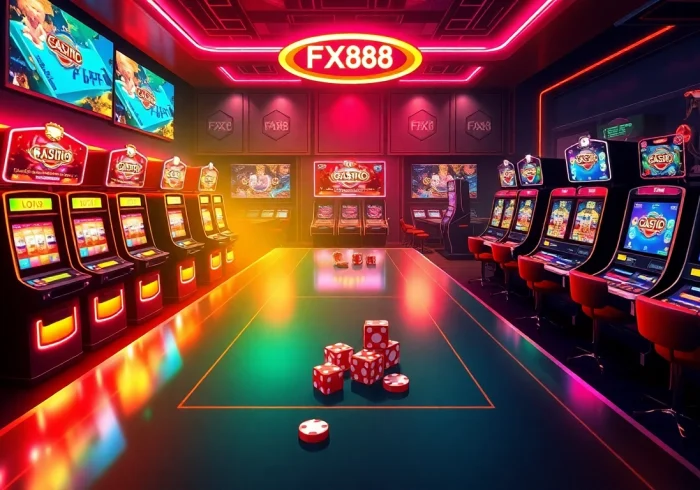 Experience the thrill of fox888 with vibrant gaming visuals in a lively casino environment.