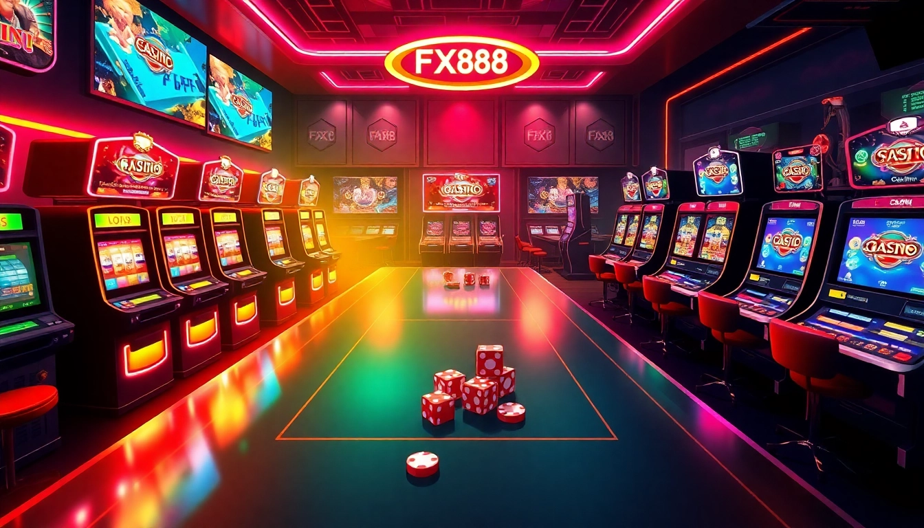 Experience the thrill of fox888 with vibrant gaming visuals in a lively casino environment.