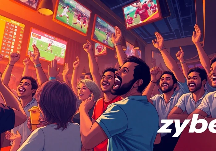 Ezybet sports betting celebration at a lively bar with excited patrons.