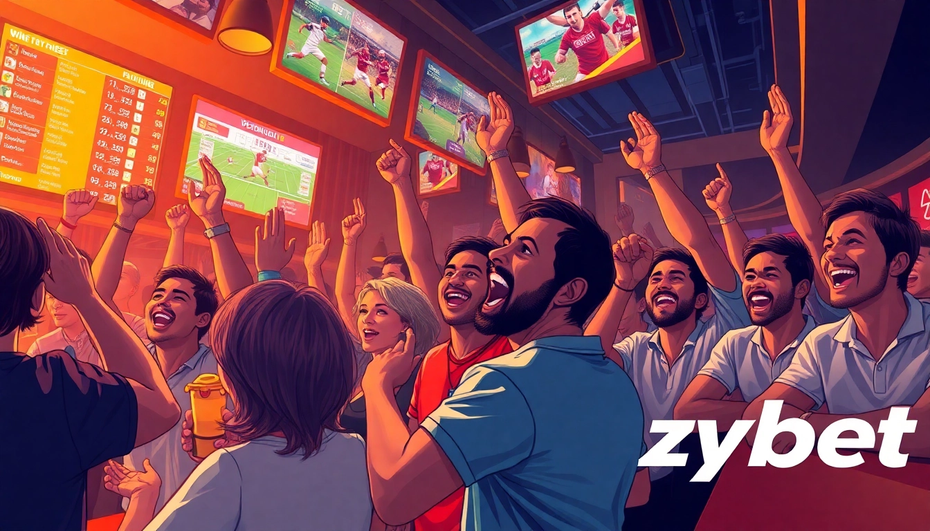 Ezybet sports betting celebration at a lively bar with excited patrons.