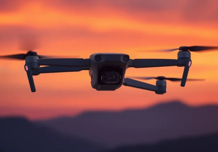 F168 drone flying in a fiery sunset showcasing its sleek design and advanced features.