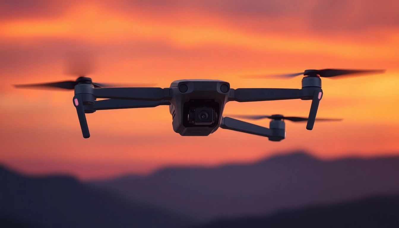 F168 drone flying in a fiery sunset showcasing its sleek design and advanced features.