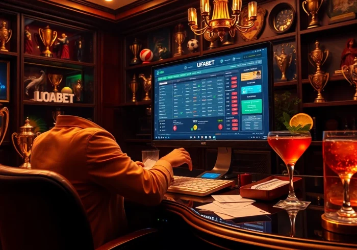 Experience thrilling online betting on UFABET with a player in an elegant gaming room.