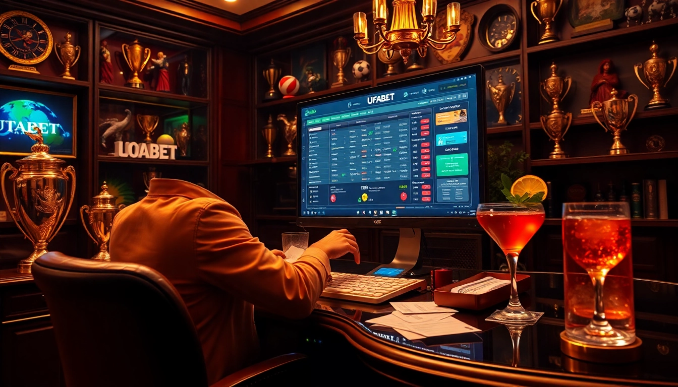 Experience thrilling online betting on UFABET with a player in an elegant gaming room.