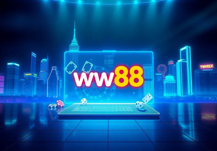 Experience real-time excitement at ww88 with a high-tech gaming interface in a futuristic cityscape.