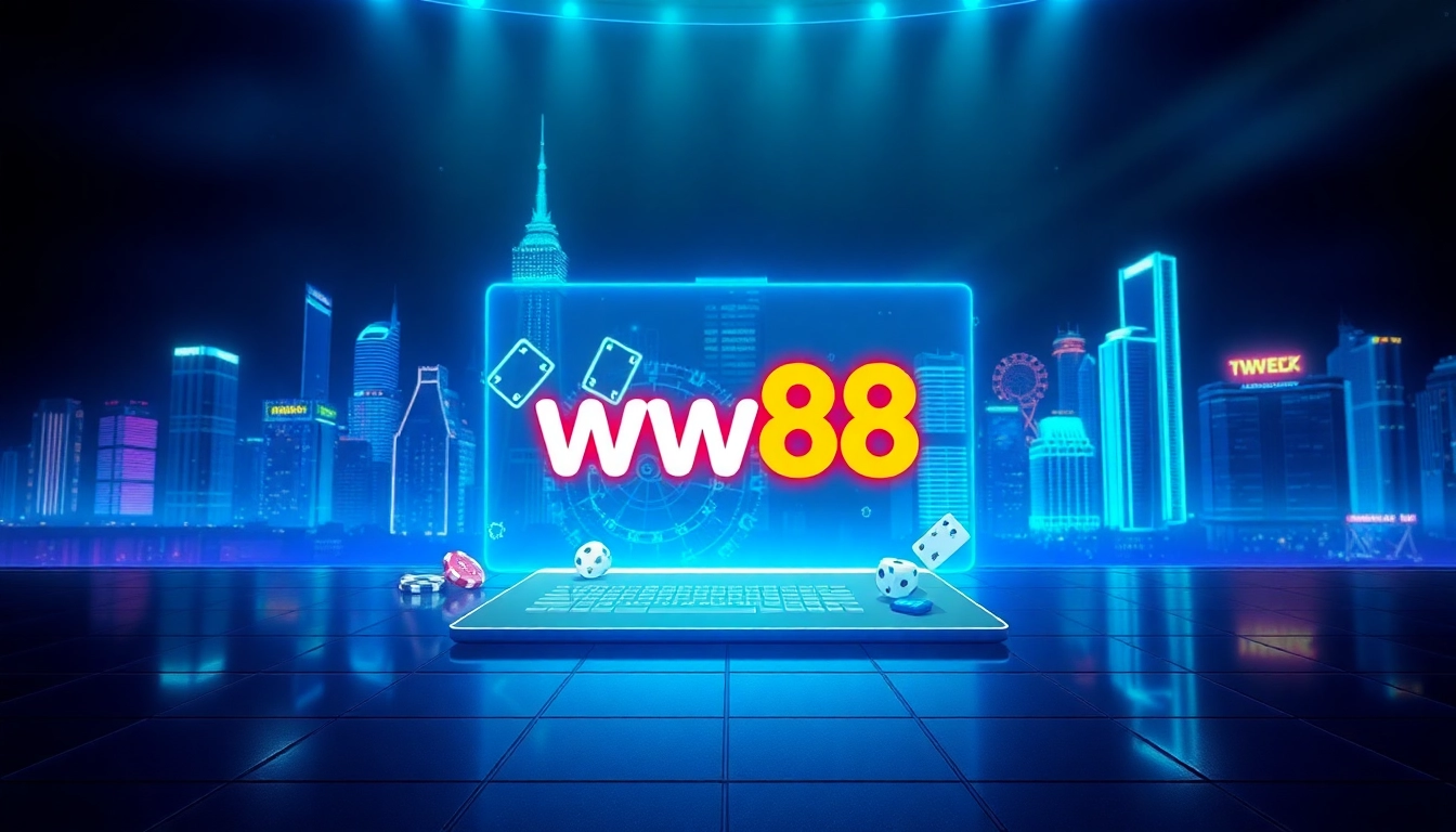 Experience real-time excitement at ww88 with a high-tech gaming interface in a futuristic cityscape.