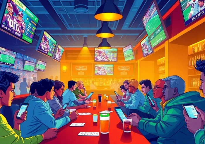 Exciting sports betting scene at a vibrant bar featuring https://deanmadonia.com/ inspired atmosphere.