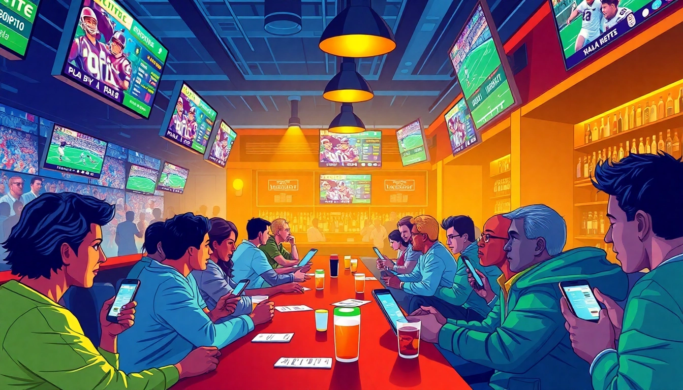 Exciting sports betting scene at a vibrant bar featuring https://deanmadonia.com/ inspired atmosphere.