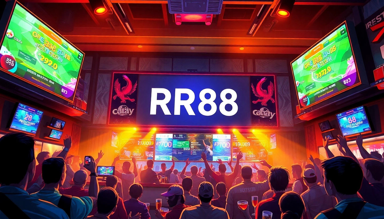 Enthusiastic sports fans engage with digital RR88 betting screens in a lively bar.