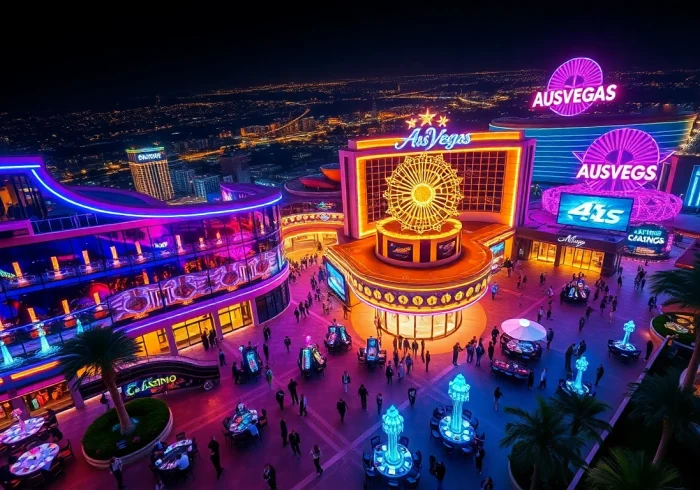 Experience the excitement of ausvegas.xyz with this vibrant night cityscape showcasing a bustling casino.