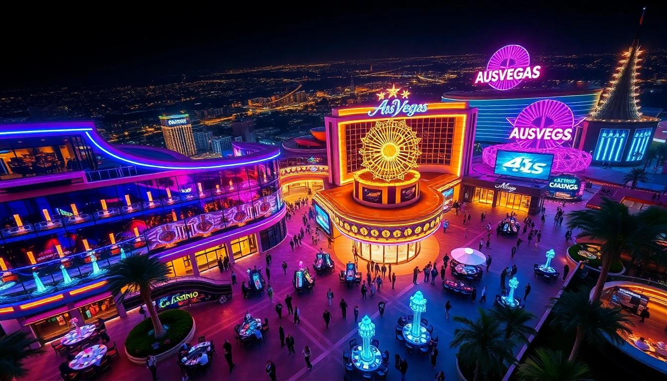 Experience the excitement of ausvegas.xyz with this vibrant night cityscape showcasing a bustling casino.