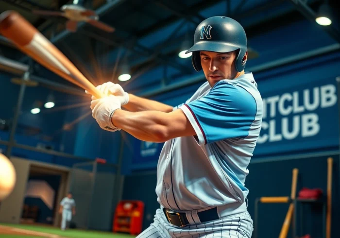 Action shot of baseball training at Hit Club, showcasing a player hitting the ball in a dynamic indoor environment.