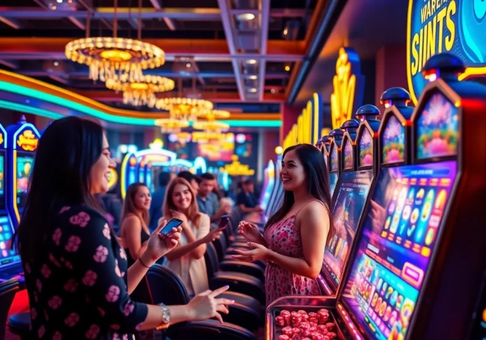 Engaging gamers experiencing สล็อตเว็บตรง excitement in a vibrant online casino atmosphere.