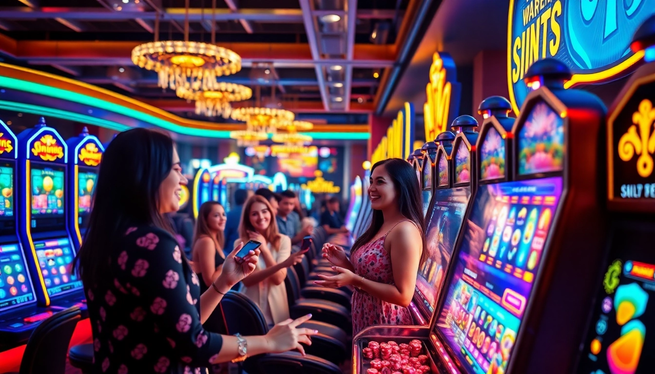 Engaging gamers experiencing สล็อตเว็บตรง excitement in a vibrant online casino atmosphere.