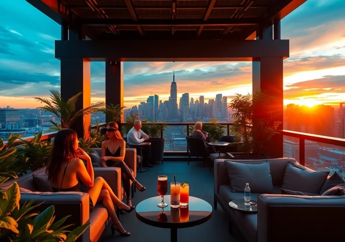 Guests savor NoHu cocktails against the stunning Manhattan skyline backdrop.