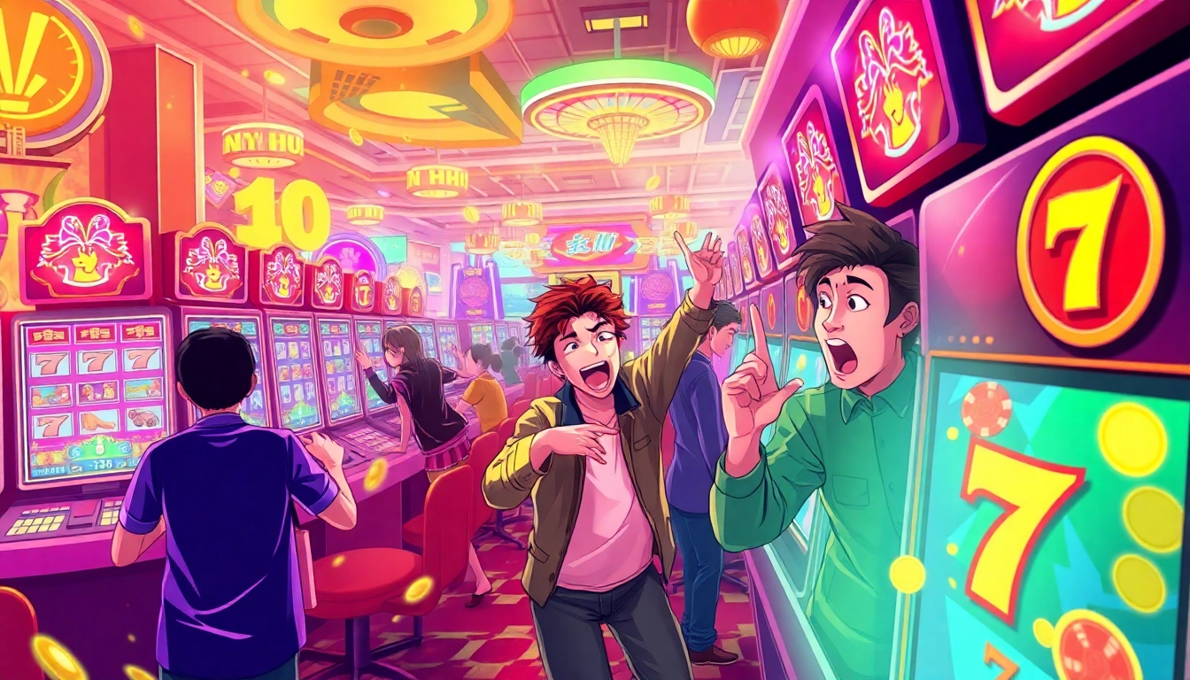 Players enjoying the exhilarating nổ hũ gaming experience amid vibrant casino scenes.