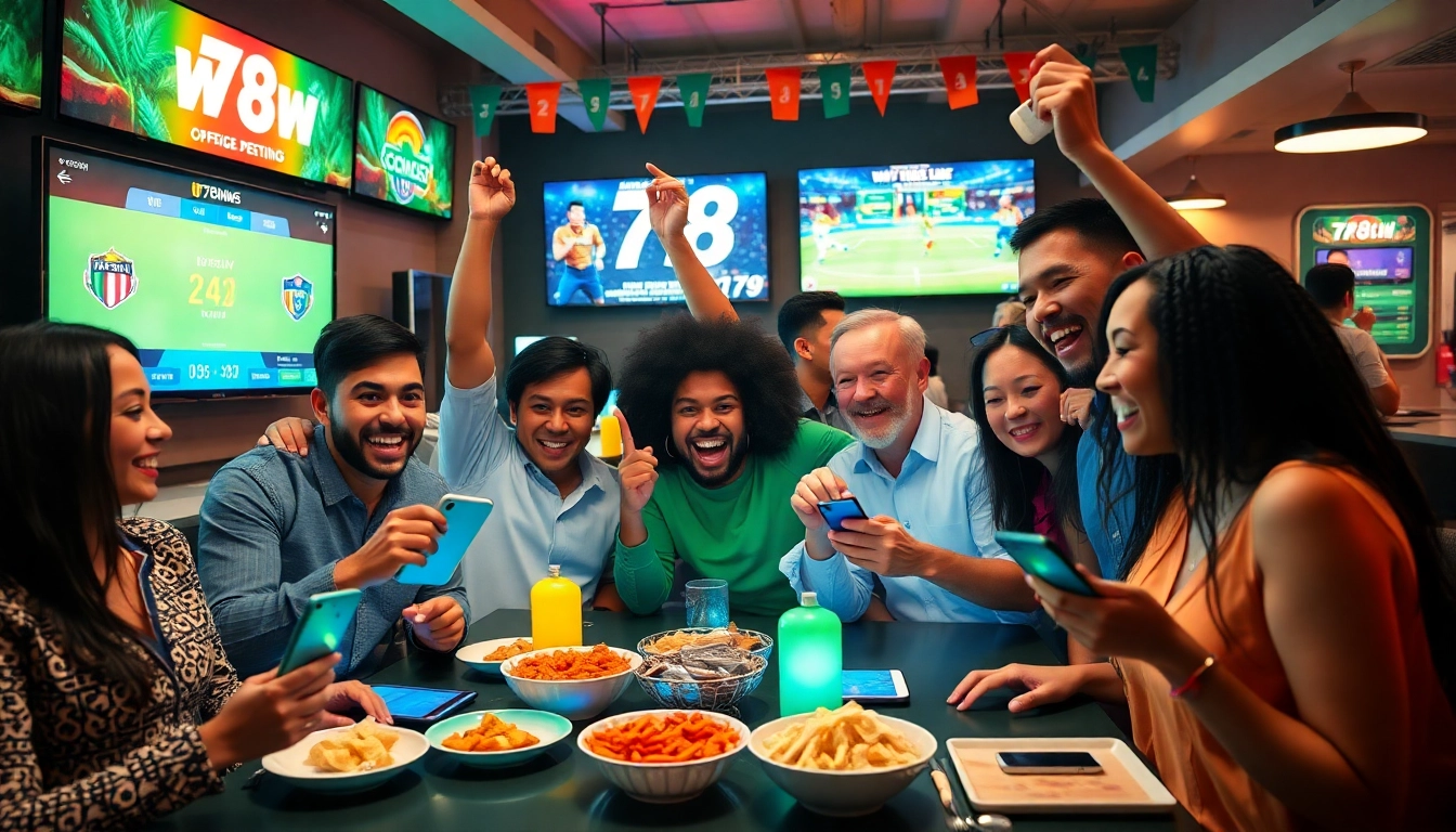 Celebrate sports betting wins at https://78win.soccer/ with a diverse group enjoying their gaming devices.