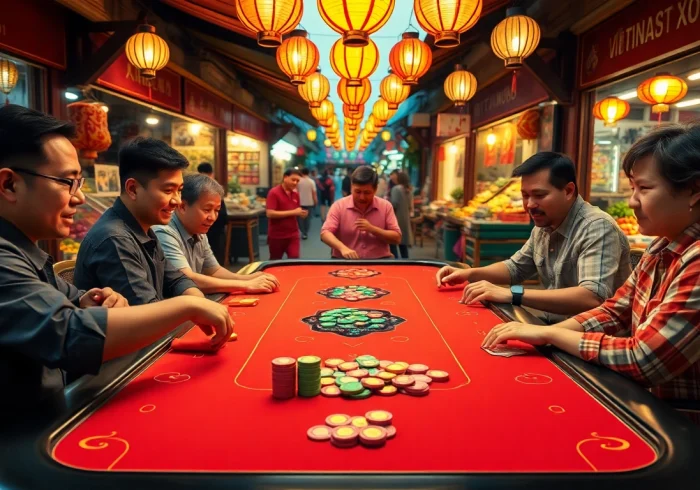 Engaged players participate in a traditional xóc đĩa gambling table surrounded by vibrant market life.