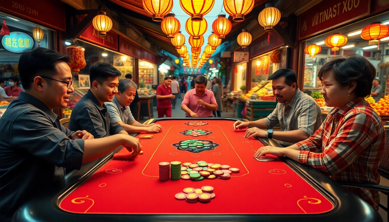 Engaged players participate in a traditional xóc đĩa gambling table surrounded by vibrant market life.